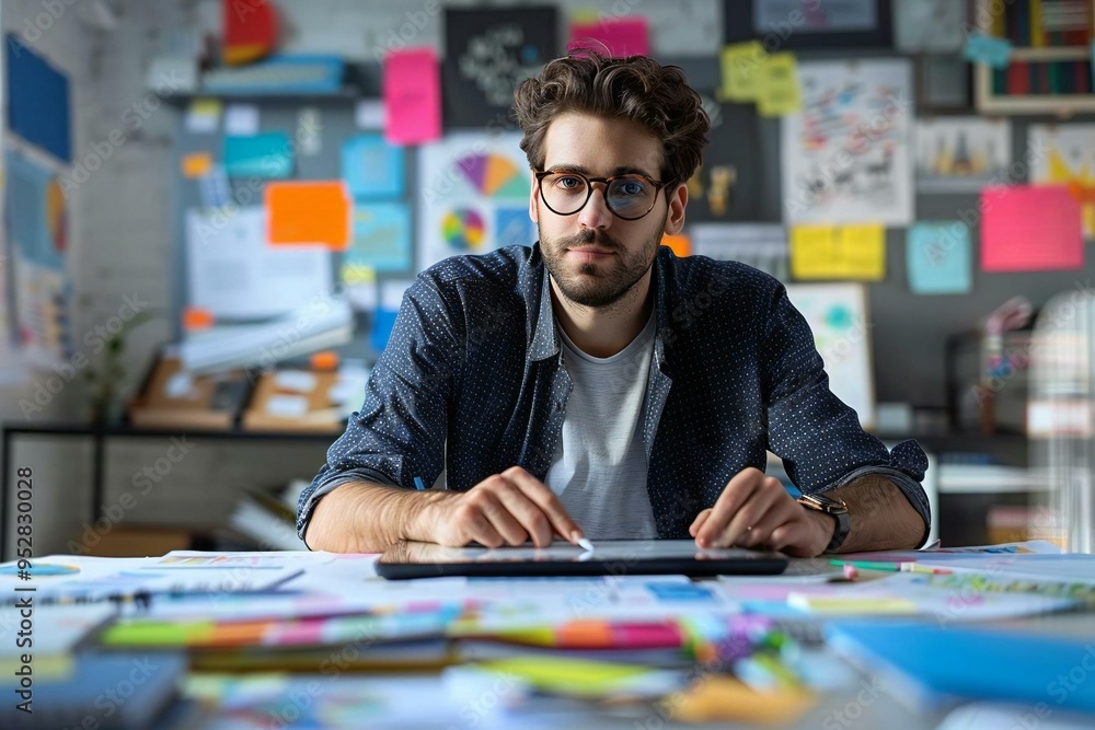 young male designer working on a digital graphic tablet at his desk in a creative office setting. young male designer working on a digital graphic tablet at his desk in a creative office setting.