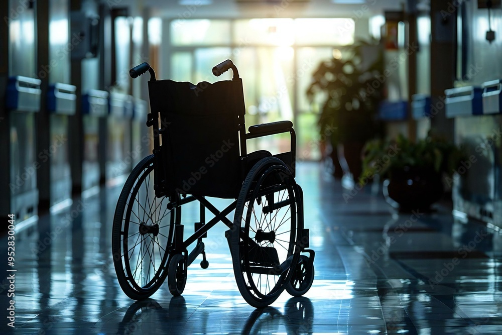silhouette of an empty wheelchair parked in a hospital corridor. silhouette of an empty wheelchair parked in a hospital corridor.