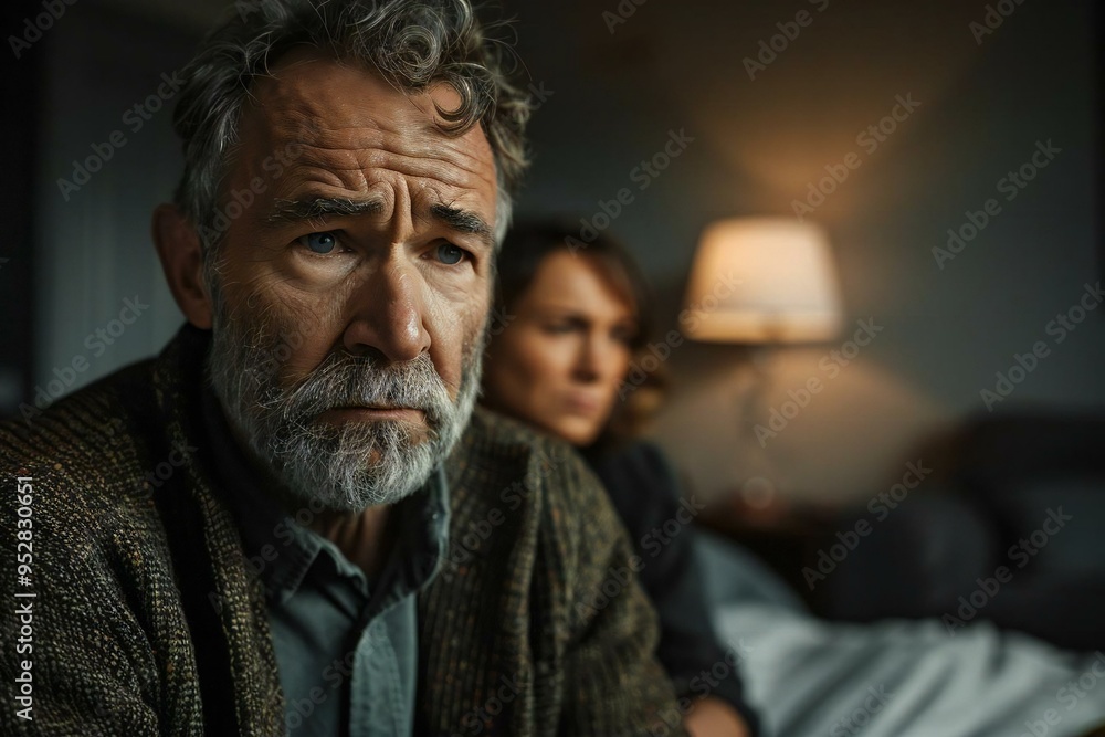 close-up of a depressed man sitting on a bed in front of his frustrated wife at home, depicting a story of infidelity, sadness, and tension in an older couple's relationship. close-up of a depressed man sitting on a bed in front of his frustrated wife at home, depicting a story of infidelity, sadness, and tension in an older couple's relationship.