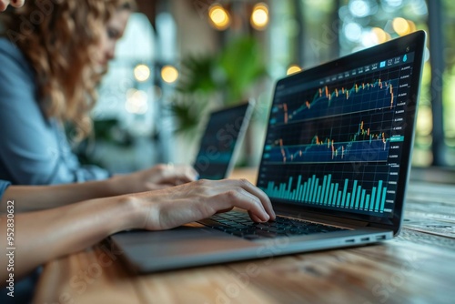 side view photo of a male and female stock market brokers analyzing graphs on a laptop at their workplace. The image includes a top view of the table photo