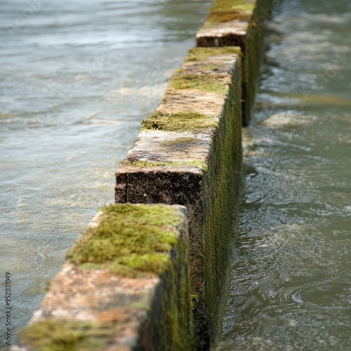 Moss-covered stone barrier in a river during bright daylight