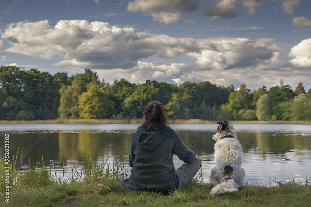 Woman and Her Dog Sitting Next to Each Other by the Lake | Serene Moment of Companionship in Nature Woman and Her Dog Sitting Next to Each Other by the Lake | Serene Moment of Companionship in Nature