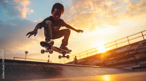 A young boy is skateboarding on a ramp, with the sun setting in the background. Freedom, agility, culture, adrenaline, youth, expression, movement, challenge, street concept.