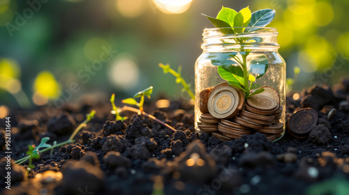 Wallpaper Mural A glass jar filled with coins and a plant growing out of it Torontodigital.ca