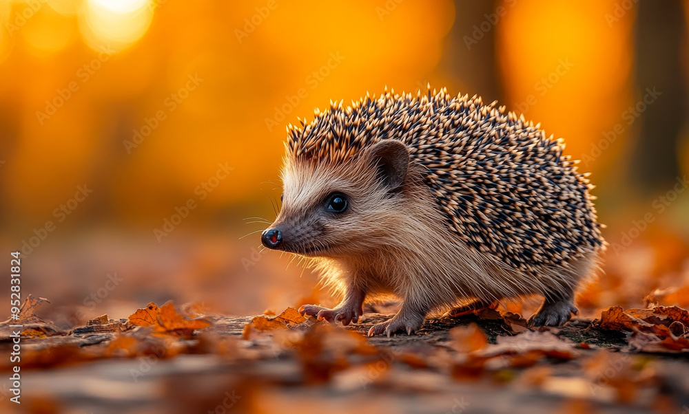 A small brown hedgehog is standing on a pile of leaves. The leaves are orange and the sun is setting in the background A small brown hedgehog is standing on a pile of leaves. The leaves are orange and the sun is setting in the background