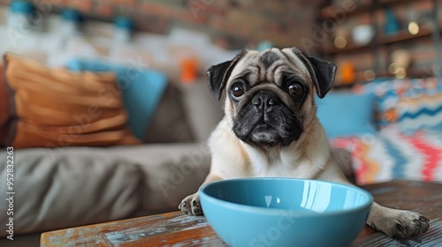 A cute pug sits at a wooden table and looks sadly at the camera, with an empty bowl in front of him.