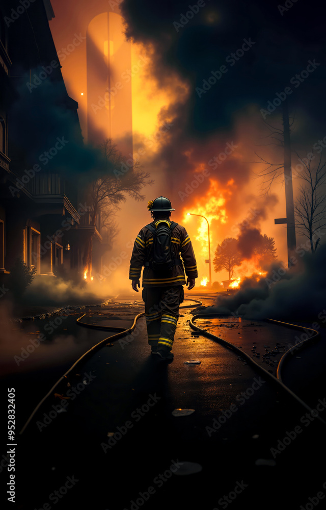 Obraz premium A firefighter walking down a street in front of a burning building