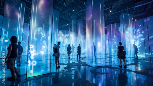 A group of people standing in a large room with blue lights