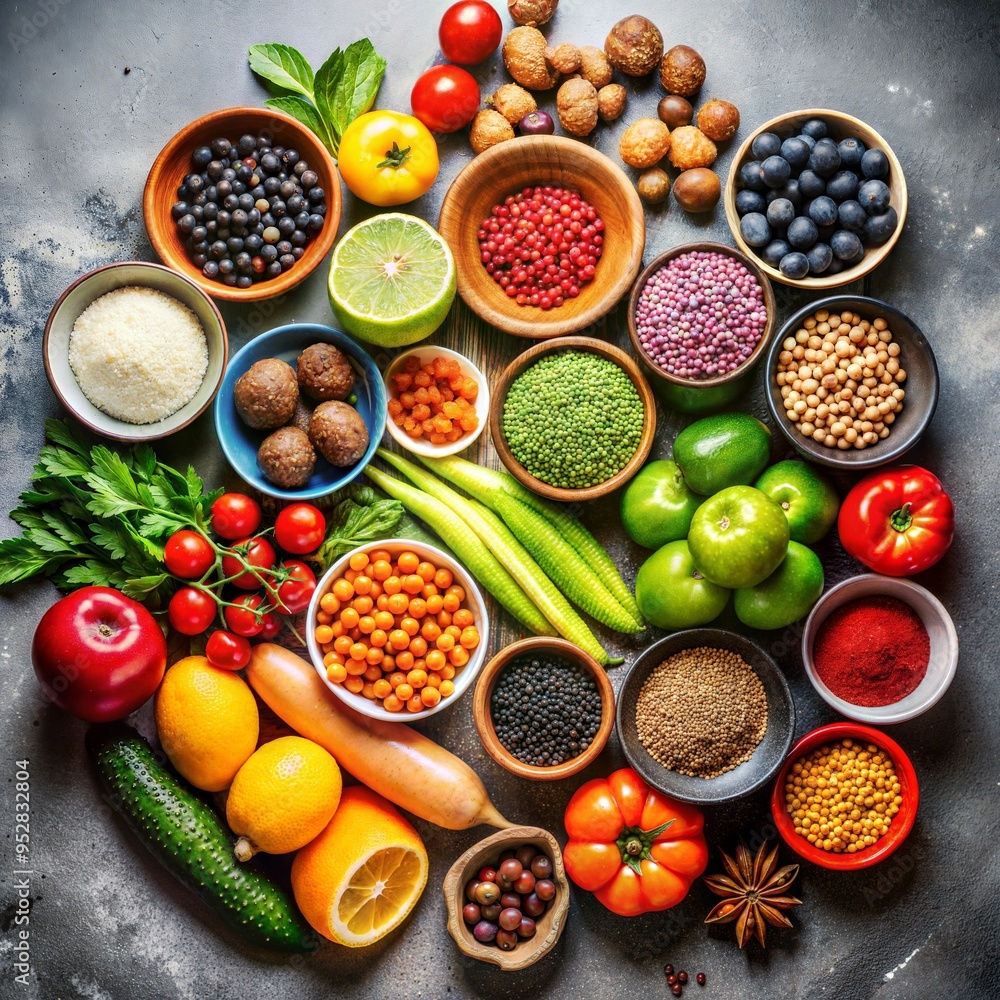 Colorful arrangement of fresh vegetables, fruits, and spices on a textured surface Colorful arrangement of fresh vegetables, fruits, and spices on a textured surface