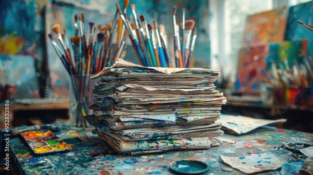 An artistic studio scene with a stack of slightly crumbled white papers on a weathered wooden desk, surrounded by colorful paintbrushes and a palette. An artistic studio scene with a stack of slightly crumbled white papers on a weathered wooden desk, surrounded by colorful paintbrushes and a palette.