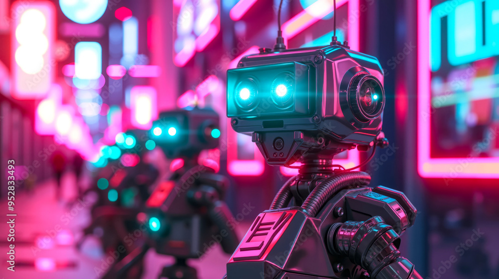 A group of robots walking down a city street at night A group of robots walking down a city street at night