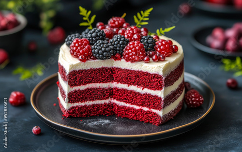 Wallpaper Mural A slice of red velvet cake with blackberries on top. The cake is cut in half and is placed on a black plate Torontodigital.ca