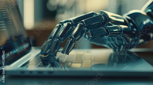 robotic hand typing on a laptop keyboard in a modern, high-tech environment. artificial intelligence and human-robot