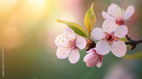 Spring Cherry Blossom. Abstract background of macro cherry blossom tree branch on green background. Happy Passover background. Spring womens day concept. Easter, Birthday, generative ai