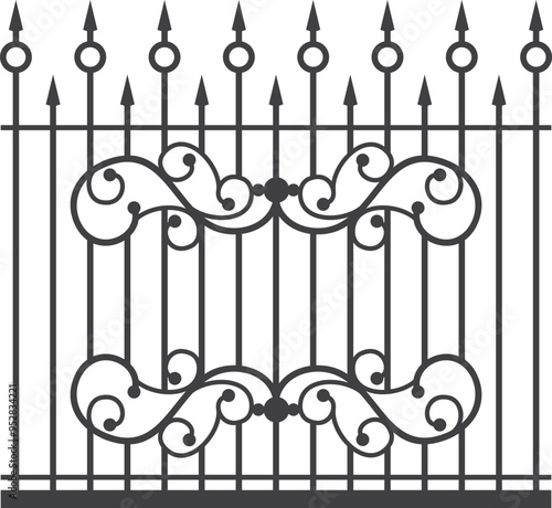 Ornate classic wrought fence. Black iron railing