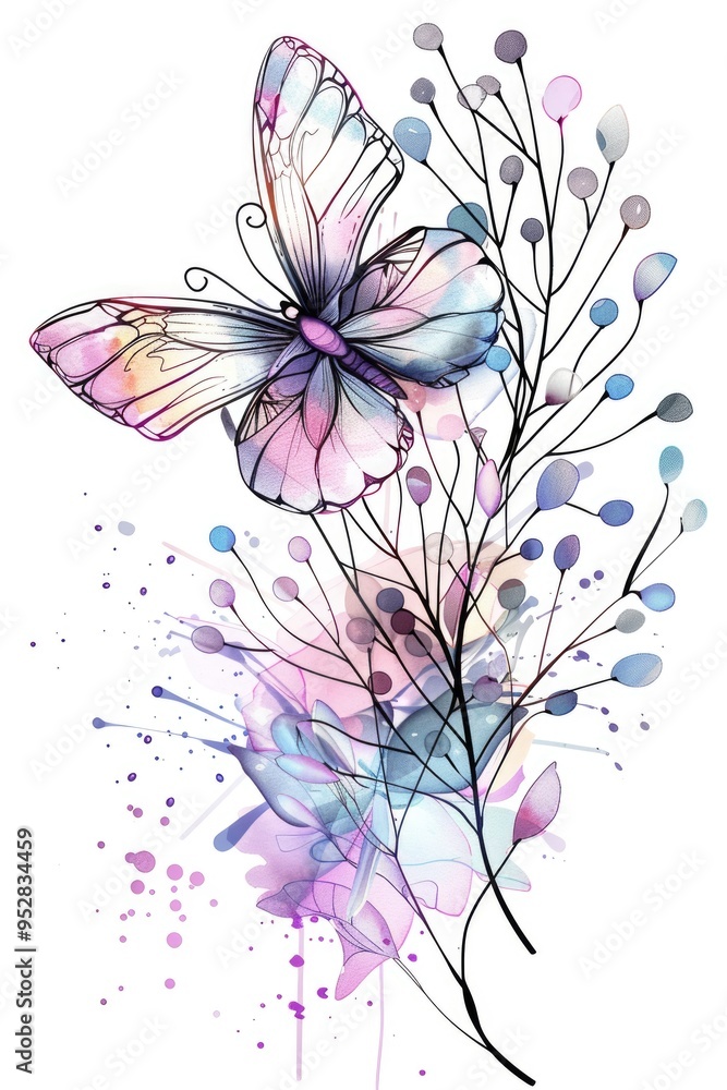 Obraz premium Watercolor sketch of a butterfly perched on a blossom, surrounded by dew droplets, isolated on a white background, featuring a modern and colorful botanical theme.