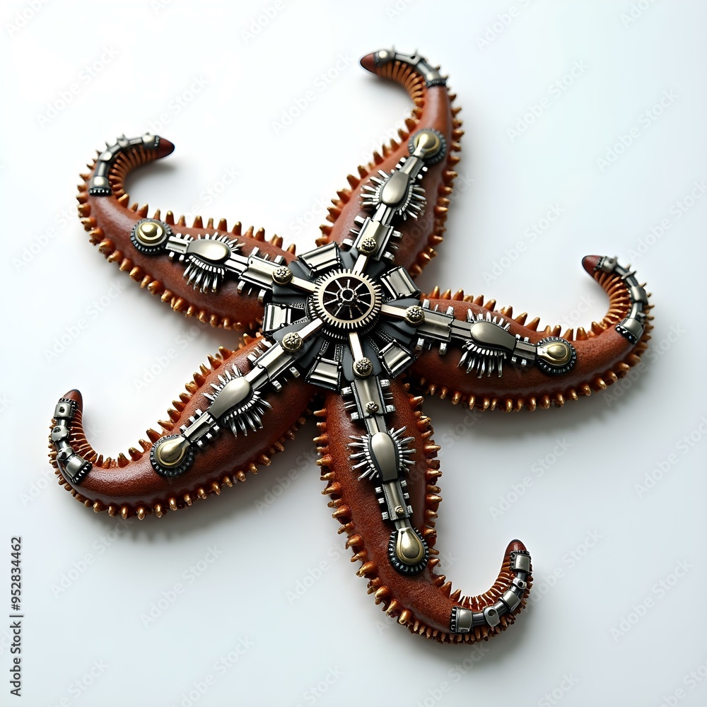 Obraz premium A starfish with each arm made of articulated metal segments, adorned with tiny gears and pistons.