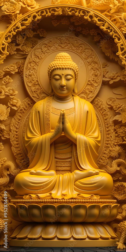 Vertical banner of a Buddha statue made of orange stone. Religious template concept of peace, acceptance and spirituality. Vertical banner of a Buddha statue made of orange stone. Religious template concept of peace, acceptance and spirituality.