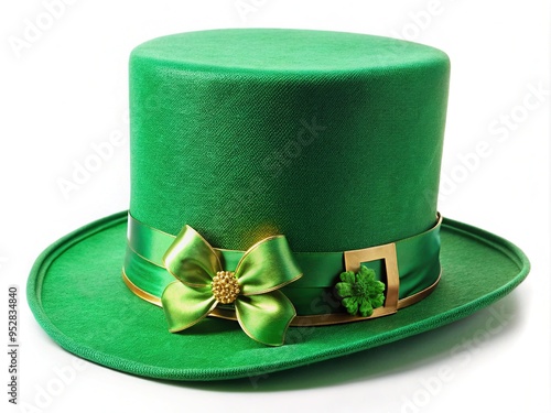 Vibrant green top hat adorned with shamrocks, golden buckles, and flowing ribbons, symbolizing Irish heritage and festive spirit on a celebratory St. Patrick's Day. photo