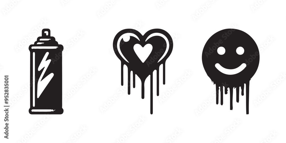 Spray-painted black graffiti with hand-drawn, grunge components that drip. Icons for a heart, crown, checkmark, and smiling are spray brush textures. Stylish urban vector image of symbols from street Spray-painted black graffiti with hand-drawn, grunge components that drip. Icons for a heart, crown, checkmark, and smiling are spray brush textures. Stylish urban vector image of symbols from street