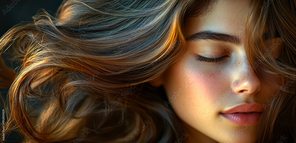 A woman with long brown hair and a light brown face. She has a light pink lip color A woman with long brown hair and a light brown face. She has a light pink lip color