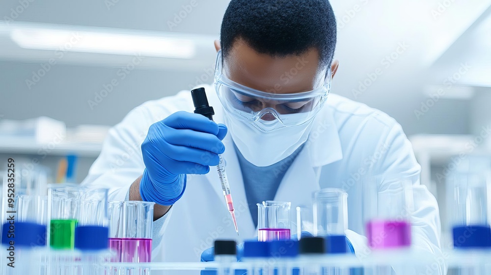 Technician performing bioassays to measure drug activity in biopharmaceuticals, functional testing, therapeutic validation Technician performing bioassays to measure drug activity in biopharmaceuticals, functional testing, therapeutic validation