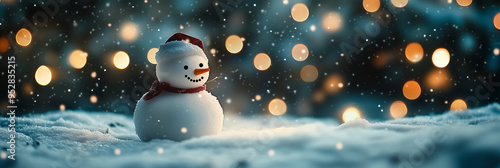 Um boneco de neve feliz no fundo do inverno, luzes de natal ao fundo photo