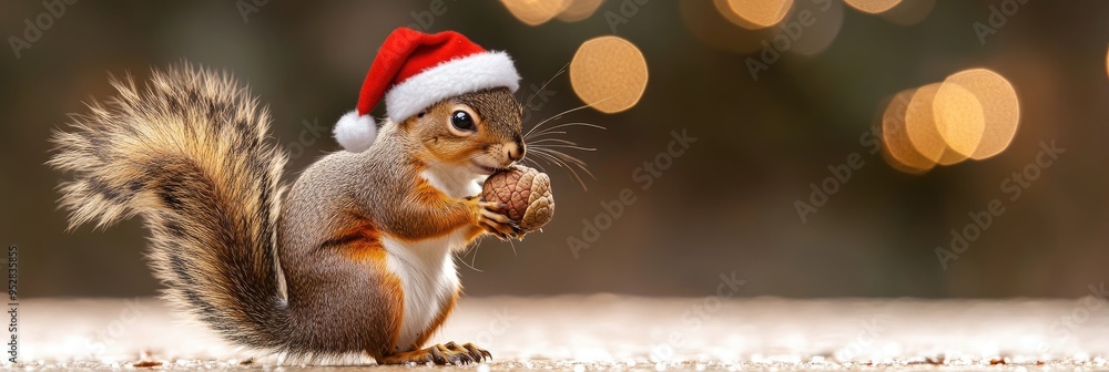 Happy Christmas squirrel holding an acorn with a tiny Santa hat Happy Christmas squirrel holding an acorn with a tiny Santa hat