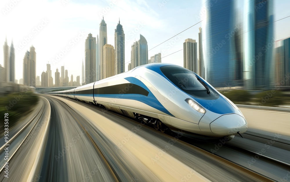 High-speed modern train in motion against the backdrop of an urban cityscape High-speed modern train in motion against the backdrop of an urban cityscape