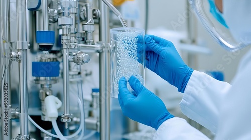 Technician using ultrafiltration for biopharmaceutical concentration, protein processing, drug preparation photo