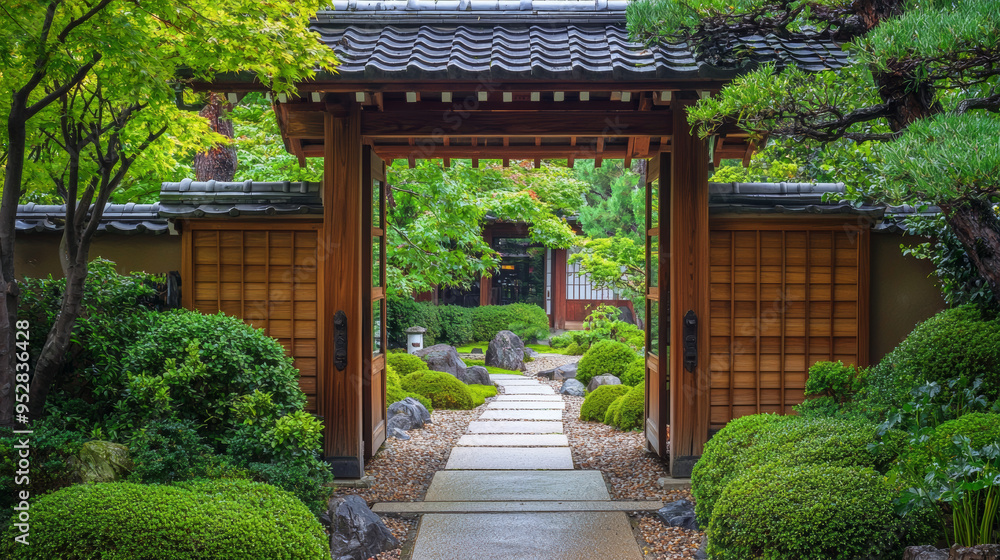 Serene Japanese Garden with Stone Path and Traditional Gate Serene Japanese Garden with Stone Path and Traditional Gate