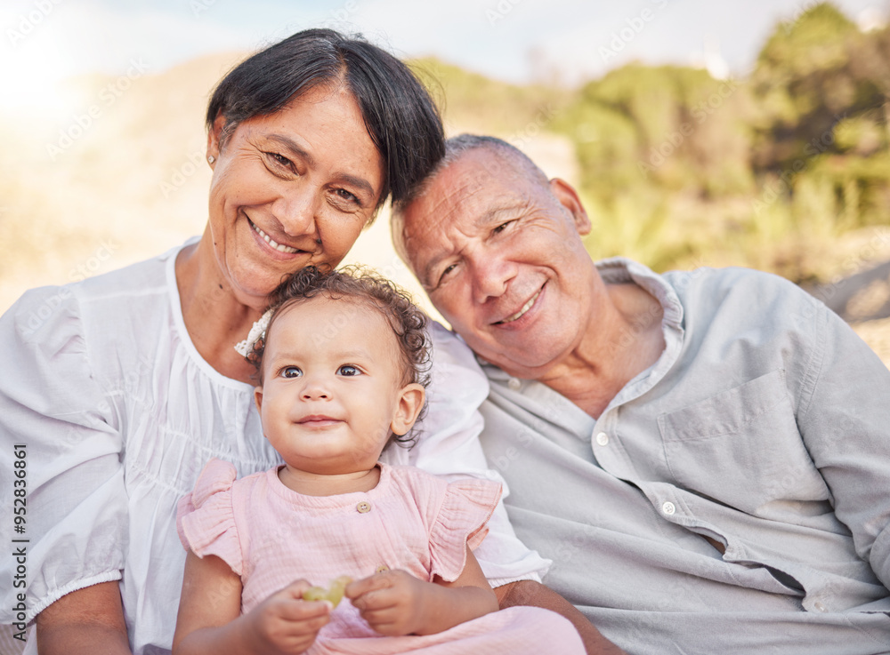 Grandparents, portrait and baby outdoor with smile, travel and summer vacation in park. Holiday, family and youth together with care, bonding and love with happy senior people and child in nature Grandparents, portrait and baby outdoor with smile, travel and summer vacation in park. Holiday, family and youth together with care, bonding and love with happy senior people and child in nature