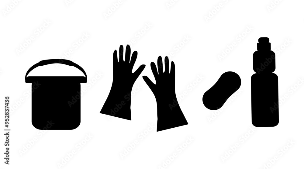 Black silhouettes, icons of cleaning equipment - bucket, rubber gloves, sponge and floor and wall cleaner - vector illustration Black silhouettes, icons of cleaning equipment - bucket, rubber gloves, sponge and floor and wall cleaner - vector illustration