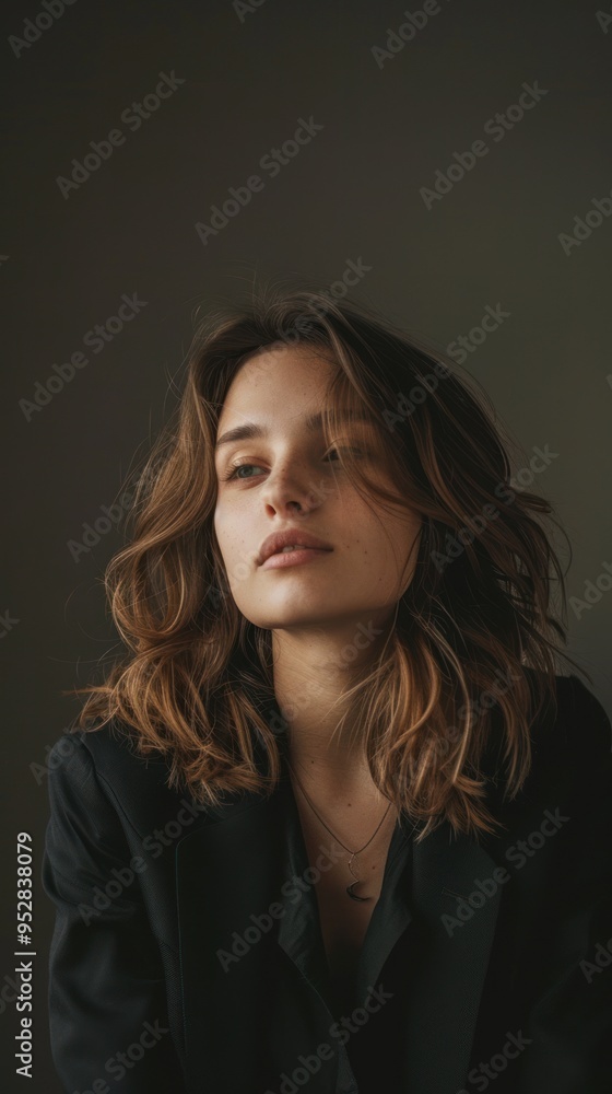 Close-up of a woman with shaggy hair, wearing a black jacket, against a dark background. Close-up of a woman with shaggy hair, wearing a black jacket, against a dark background.
