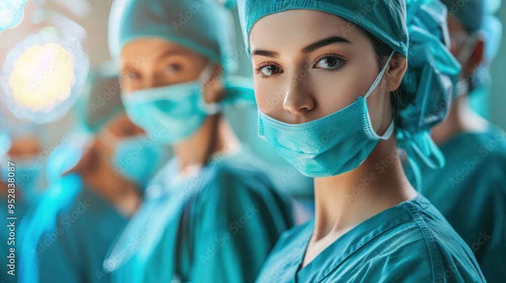 A girl doctor in a hospital, wearing a surgical mask and gown against the backdrop of an operating room filled with doctors. A girl doctor in a hospital, wearing a surgical mask and gown against the backdrop of an operating room filled with doctors.