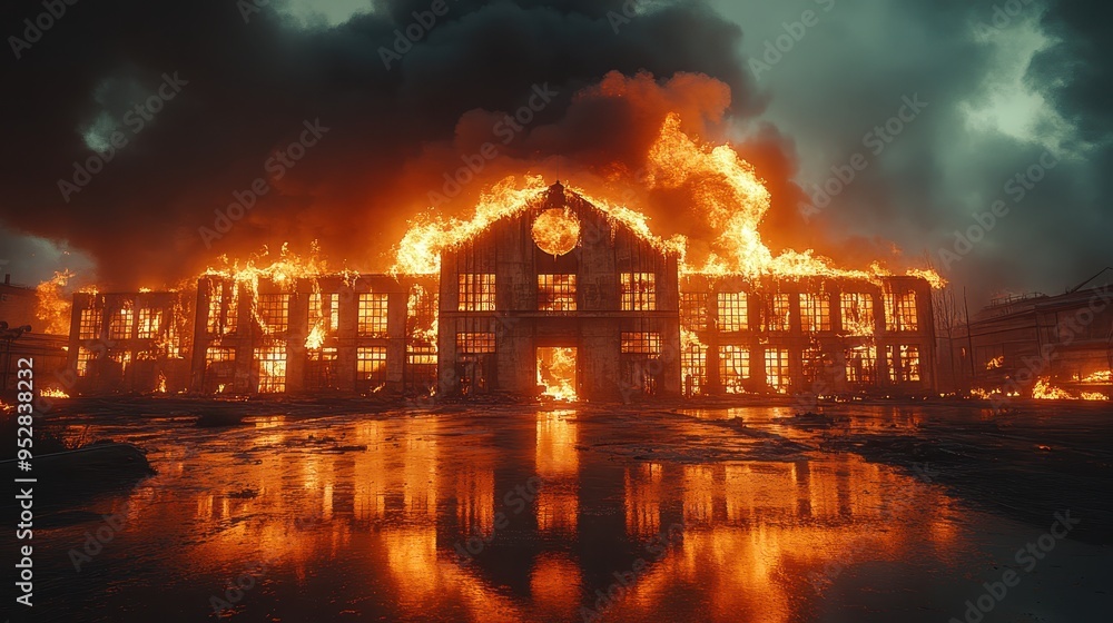 Industrial Building on Fire with Burning Glass and Concrete Facade – Smoke Billowing from Windows in Wide-Angle, Cinematic Photorealistic Shot
Industrial Building on Fire with Burning Glass and Concrete Facade – Smoke Billowing from Windows in Wide-Angle, Cinematic Photorealistic Shot