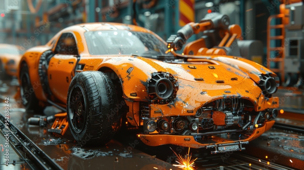 A futuristic orange car on an assembly line. A futuristic orange car on an assembly line.