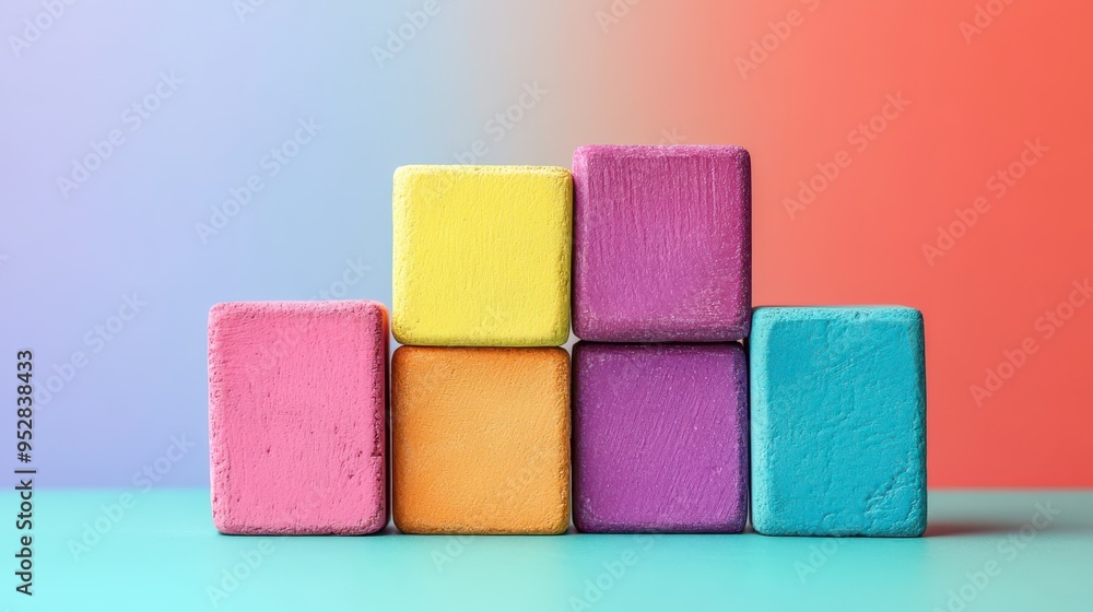 Colorful stacking blocks on a table against a gradient background Colorful stacking blocks on a table against a gradient background