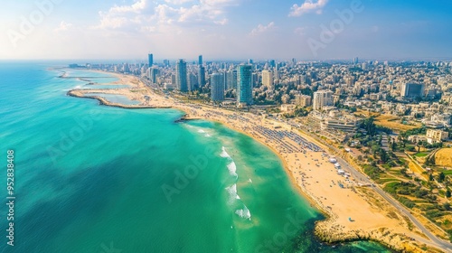 Aerial View of Tel Aviv Beach and Skyline