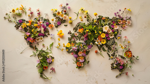 World map made of assorted flowers and plants, representing global biodiversity and nature art