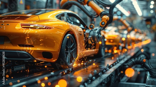 A car being assembled on an industrial factory assembly line with robotic arms.