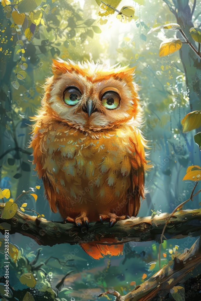 Wise owl in a cartoon style, sitting on a low branch in a watercolor forest, with soft morning sunlight shining through the trees, ideal for charming children's greeting cards and books.