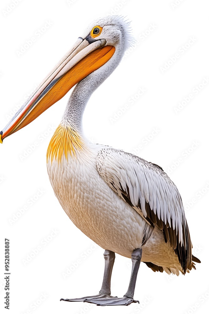 Dalmatian Pelican Bird Perched on a Branch on a White Background, Realistic Photo, Wallpaper, Cover and Screen for Smartphone, Cell Phone, PC, Laptop, 9:16 and 16:9 Format