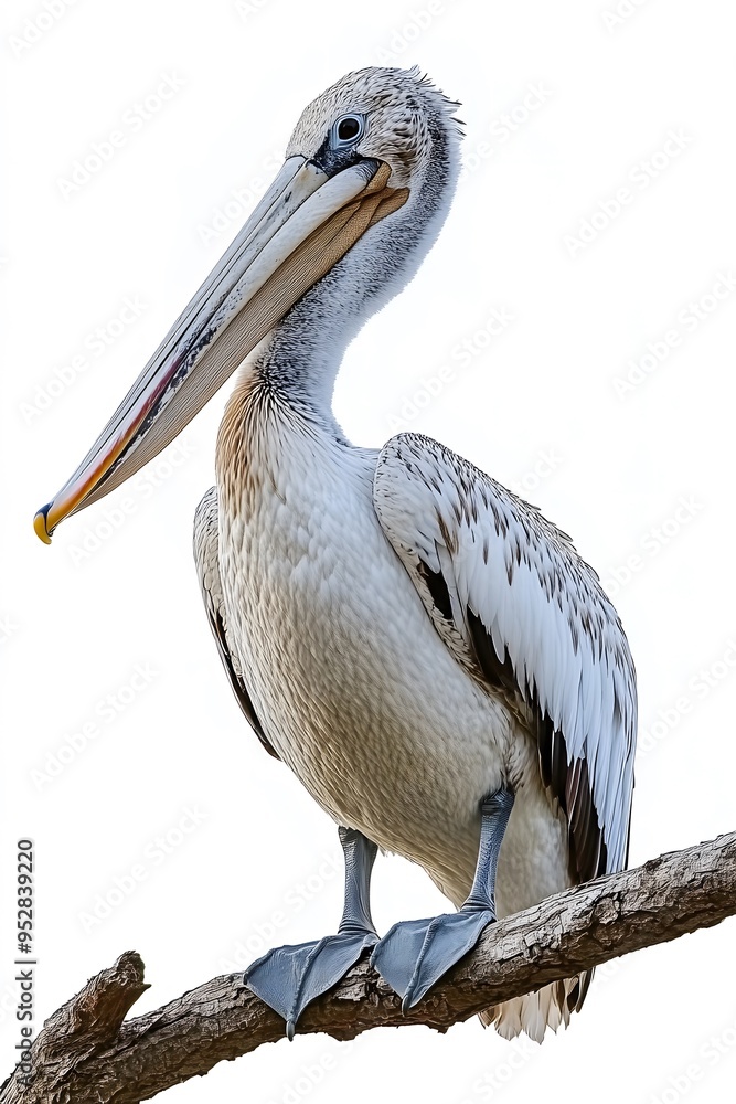 Dalmatian Pelican Bird Perched on a Branch on a White Background, Realistic Photo, Wallpaper, Cover and Screen for Smartphone, Cell Phone, PC, Laptop, 9:16 and 16:9 Format Dalmatian Pelican Bird Perched on a Branch on a White Background, Realistic Photo, Wallpaper, Cover and Screen for Smartphone, Cell Phone, PC, Laptop, 9:16 and 16:9 Format