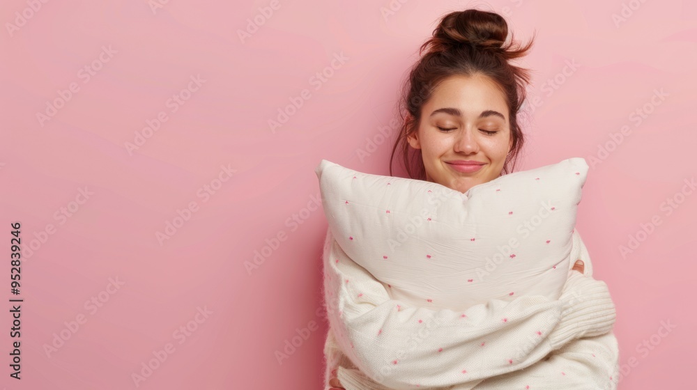 A young woman with long hair and closed eyes hugs a pillow on a pink background.
