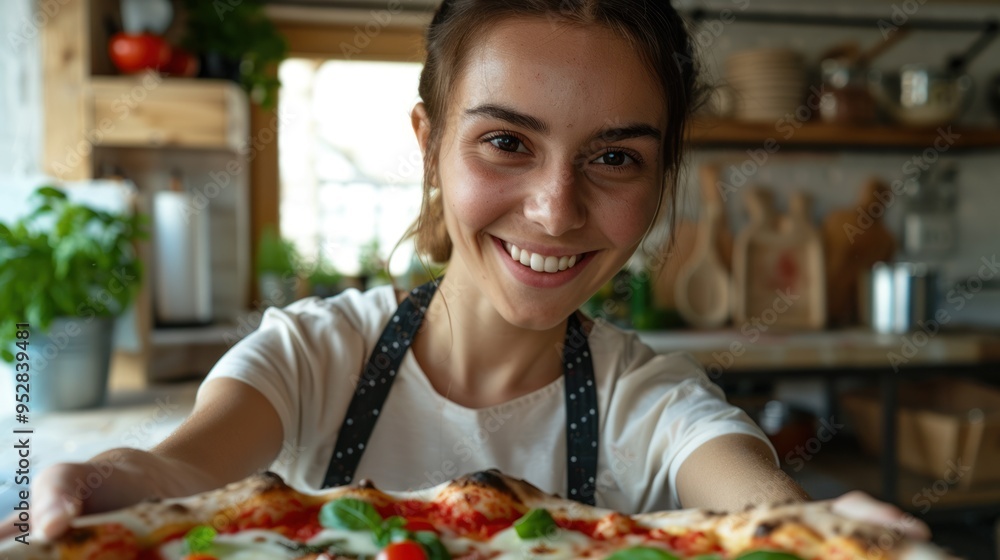 A woman in a white T-shirt smiles at the camera. Holds a pizza with tomato sauce and cheese on top. In the background is the kitchen. A woman in a white T-shirt smiles at the camera. Holds a pizza with tomato sauce and cheese on top. In the background is the kitchen.