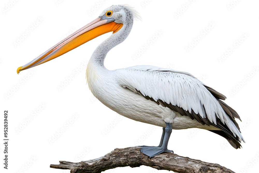 Dalmatian Pelican Bird Perched on a Branch on a White Background, Realistic Photo, Wallpaper, Cover and Screen for Smartphone, Cell Phone, PC, Laptop, 9:16 and 16:9 Format Dalmatian Pelican Bird Perched on a Branch on a White Background, Realistic Photo, Wallpaper, Cover and Screen for Smartphone, Cell Phone, PC, Laptop, 9:16 and 16:9 Format