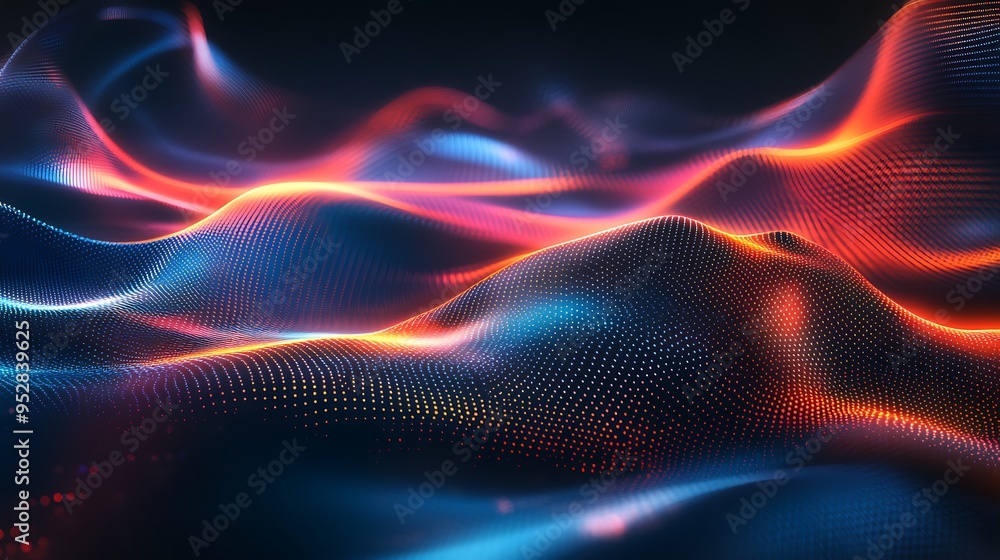 Abstract Digital Landscape with Red, Orange, and Blue Glowing Lights Abstract Digital Landscape with Red, Orange, and Blue Glowing Lights