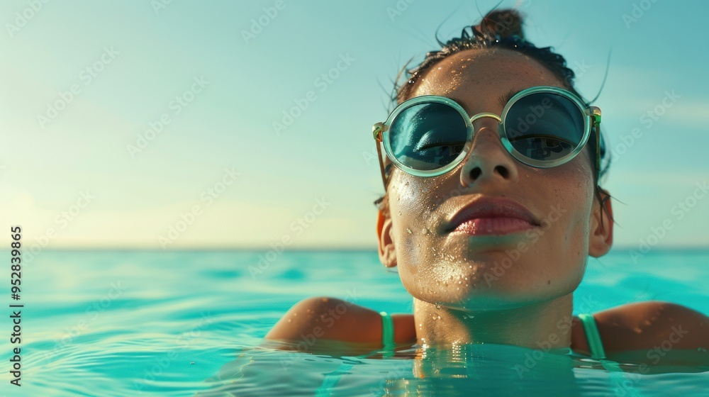 Naklejka premium A woman in a bikini swims in the pool. Wearing large sunglasses and hair tied up in a bun.