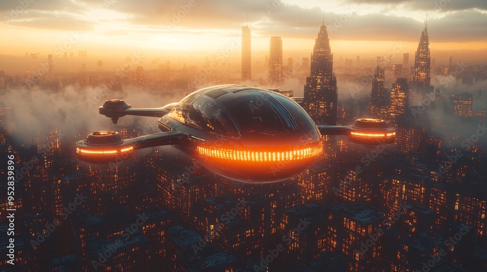 Urban air mobility with flying cars navigating a futuristic city skyline Urban air mobility with flying cars navigating a futuristic city skyline
